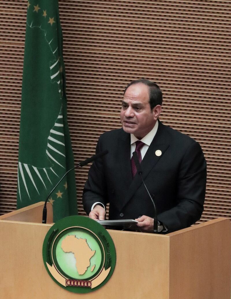 Egyptian President Abdel Fattah el-Sisi addresses the opening of the 33rd Ordinary Session of the Assembly of the Heads of State and the Government of the African Union (AU) in Addis Ababa, Ethiopia, February 9, 2020. REUTERS/Tiksa Negeri