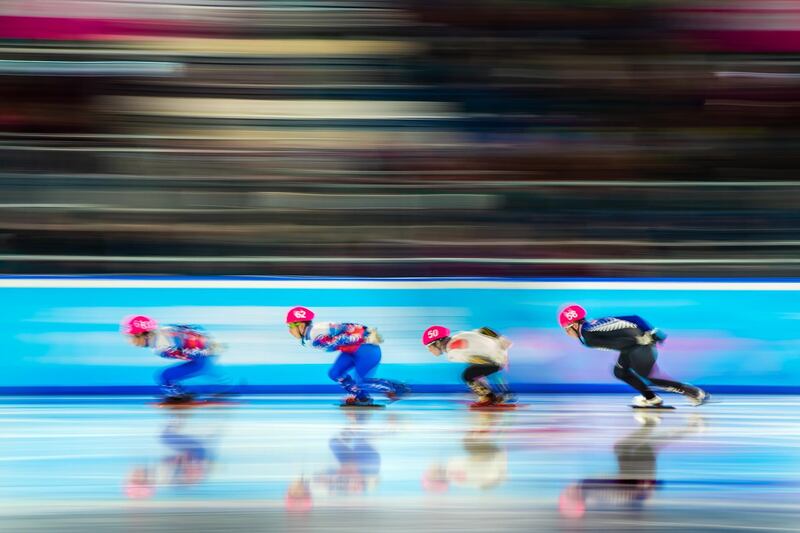 Left to right: Vladimir Balbekov and Daniil Nikolaev of Russia, Japan's Kosei Hayashi and Ethan De Rose of New Zealand compete in Men's 1000m short track speed final B at the Lausanne 2020 Winter Youth Olympics. Getty