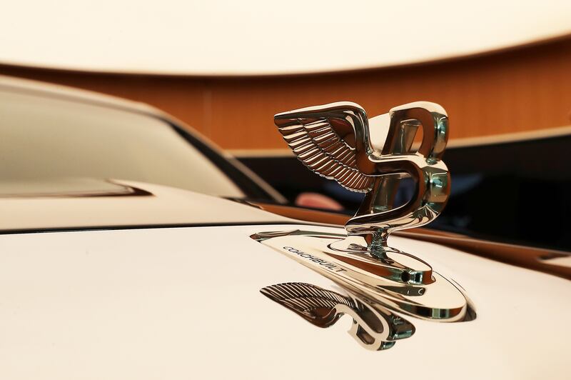 The famous logo on a vintage Bentley Mulsanne Grand Limousine at the Bentley Emirates Dubai Showroom. Pawan Singh / The National