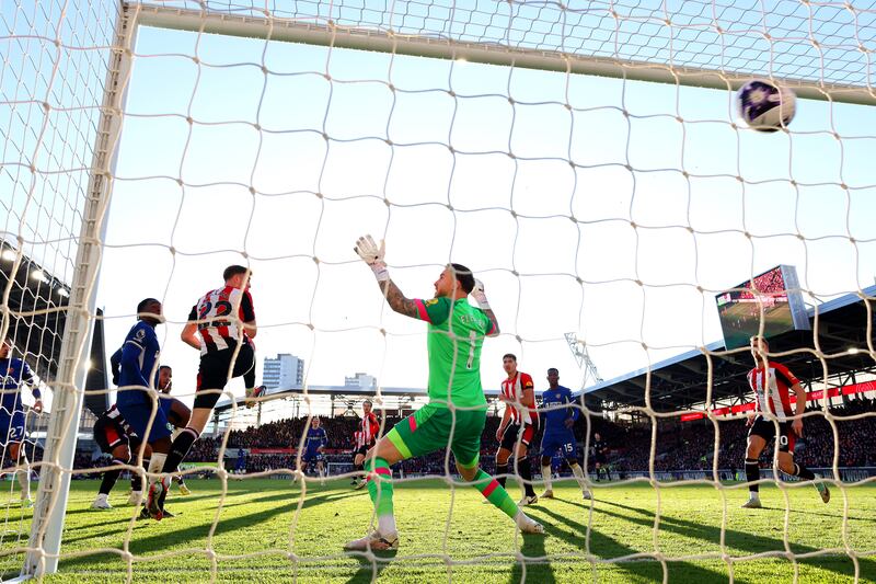 Axel Disasi of Chelsea scores his team's second goal past Mark Flekken of Brentford. Getty Images
