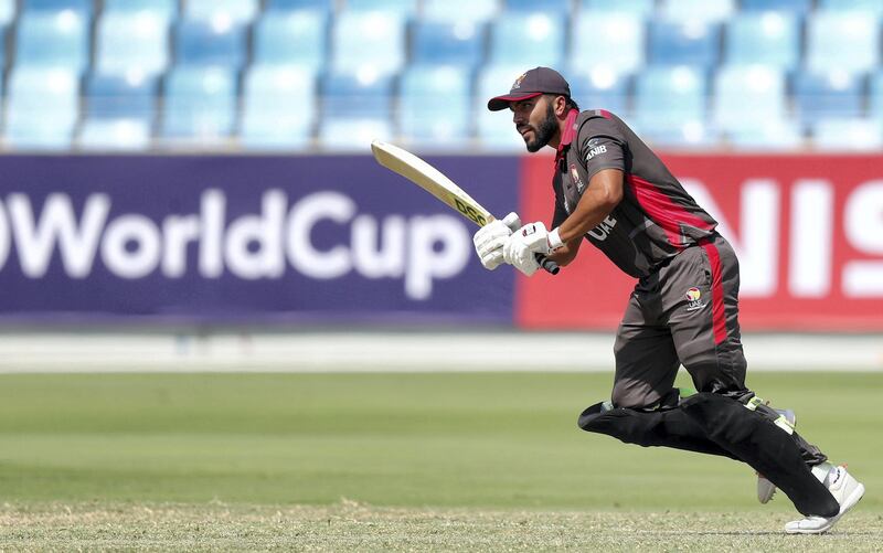 Dubai, United Arab Emirates - October 14, 2019: The UAE's Rameez Shahzad bats during the ICC Mens T20 World cup qualifier warm up game between the UAE and Scotland. Monday the 14th of October 2019. International Cricket Stadium, Dubai. Chris Whiteoak / The National