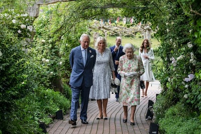 ST AUSTELL, ENGLAND - JUNE 11: Prince Charles, Prince of Wales, Camilla, Duchess of Cornwall, Queen Elizabeth II, Prince William, Duke of Cambridge and Catherine, Duchess of Cambridge arrive for a drinks reception for Queen Elizabeth II and G7 leaders at The Eden Project during the G7 Summit on June 11, 2021 in St Austell, Cornwall, England. UK Prime Minister, Boris Johnson, hosts leaders from the USA, Japan, Germany, France, Italy and Canada at the G7 Summit. This year the UK has invited India, South Africa, and South Korea to attend the Leaders' Summit as guest countries as well as the EU. (Photo by Jack Hill - WPA Pool / Getty Images)