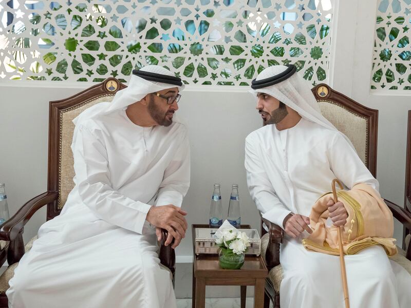 ABU DHABI, UNITED ARAB EMIRATES - July 18, 2017: HH Sheikh Mohamed bin Zayed Al Nahyan Crown Prince of Abu Dhabi Deputy Supreme Commander of the UAE Armed Forces (L) attends the wedding reception of Saeed Juma Al Ghuwais (R), at Armed Forces Officers Club.

( Mohamed Al Hammadi / Crown Prince Court - Abu Dhabi )
---