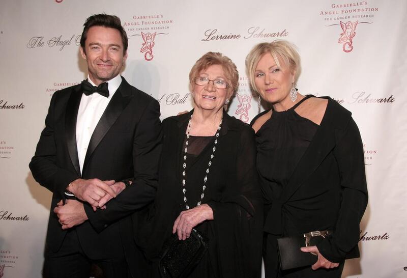 Left to right, Hugh Jackman with his mother-in-law Fay Duncan and his wife Deborra-Lee Furness. Andy Kropa /Invision / AP