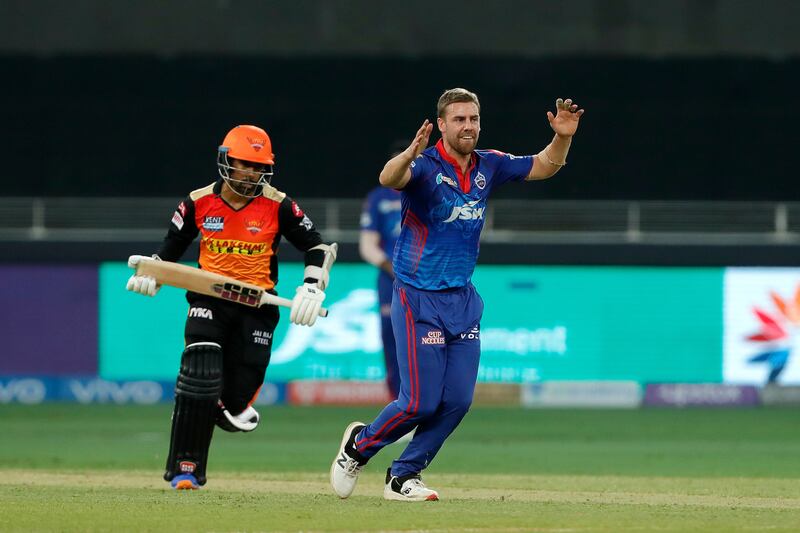 Anrich Nortje of Delhi Capitals appeals for the wicket of Wriddhiman Saha. Sportzpics for IPL