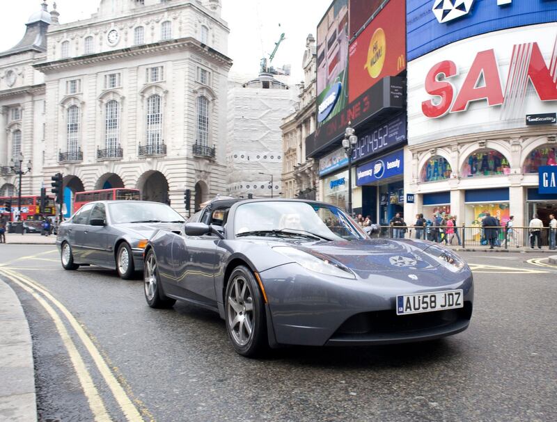 London -- June 6, 2009 --  Claire Furnell, journalist, test driving the Tesla Roadster, electric sports car, Piccadilly Circus, London W1.  6th June 2009.  (Eleanor Bentall for The National).