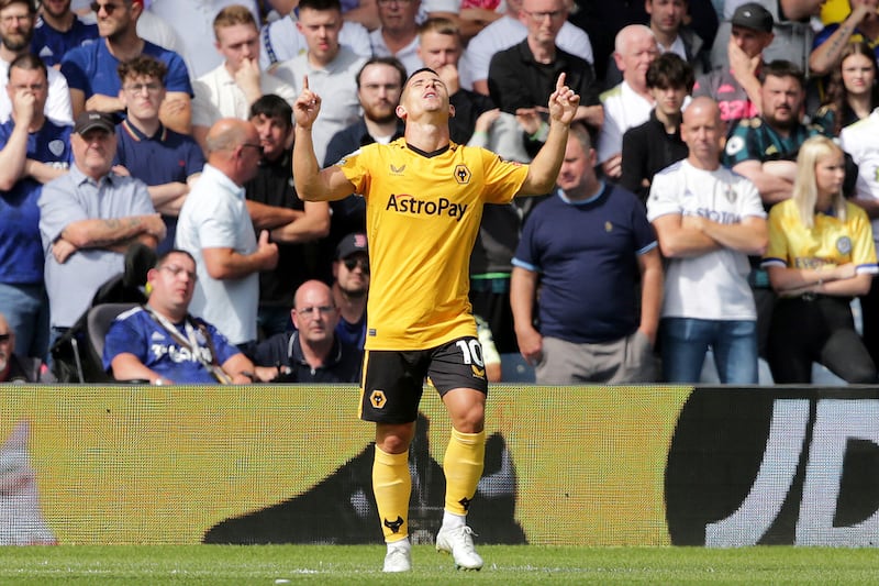 Wolverhampton Wanderers' Daniel Podence celebrates scoring the opening goal. AP