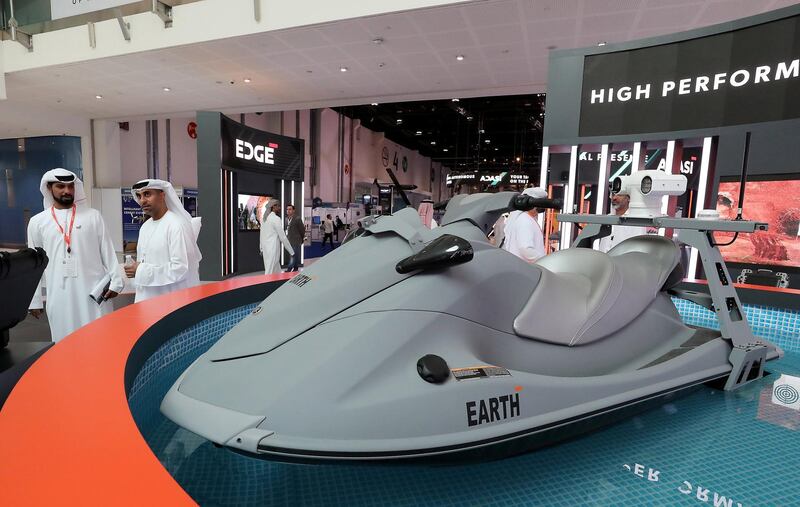 ABU DHABI, UNITED ARAB EMIRATES , Feb 23  – 2020 :- Visitors looking Earth, UGV at the Edge stand on the first day of the UMEX & SimTEX held at Abu Dhabi National Exhibitions Centre in Abu Dhabi. (Pawan  Singh / The National) For News/Online/Instagram.  Story by Kelsey Warner