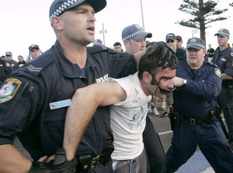 A man involved in ethnic clashes arrested at Cronulla in Sydney in December 2005 - the film Combination uses footage from these riots.