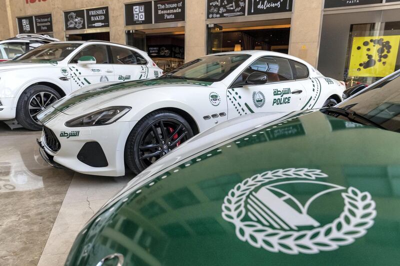 DUBAI, UNITED ARAB EMIRATES. 12 November 2019. The Dubai Police stand at the Dubai Motor Show opening day. (Photo: Antonie Robertson/The National) Journalist: Nic Webster. Section: National.
