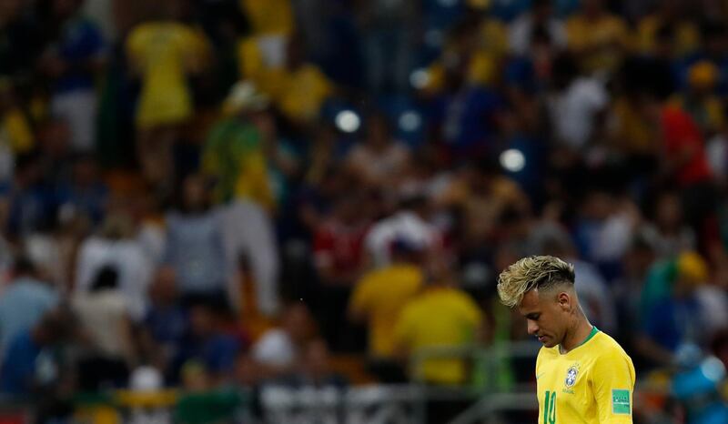 Brazil's Neymar looks down during the group E match between Brazil and Switzerland at the 2018 soccer World Cup in the Rostov Arena in Rostov-on-Don, Russia, Sunday, June 17, 2018. (AP Photo/Darko Vojinovic)