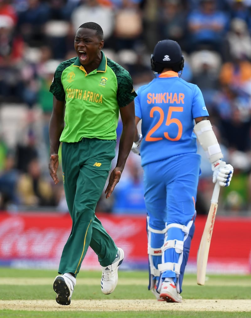 SOUTHAMPTON, ENGLAND - JUNE 05: Kagiso Rabada of South Africa celebrates the wicket of Shikhar Dhawan of India during the Group Stage match of the ICC Cricket World Cup 2019 between South Africa and India at The Hampshire Bowl on June 05, 2019 in Southampton, England. (Photo by Alex Davidson/Getty Images)