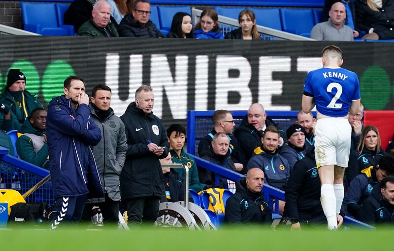 Jonjoe Kenny walks towards manager Frank Lampard after being sent off. PA