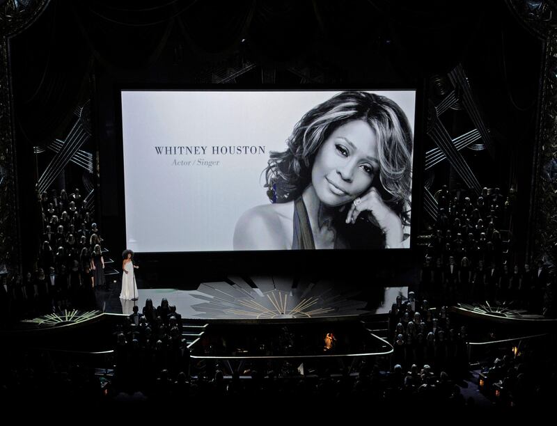 An image of Whitney Houston is seen during a memorial portion of the 84th Academy Awards on Sunday, Feb. 26, 2012, in the Hollywood section of Los Angeles. (AP Photo/Mark J. Terrill) *** Local Caption ***  84th Academy Awards Show.JPEG-0b436.jpg