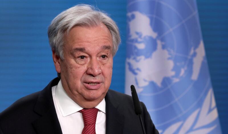 FILE PHOTO: U.N. Secretary-General Antonio Guterres addresses the media during a joint news conference with German Foreign Minister Heiko Maas after a meeting in Berlin, Germany, December 17, 2020. Michael Sohn/Pool via REUTERS/File Photo