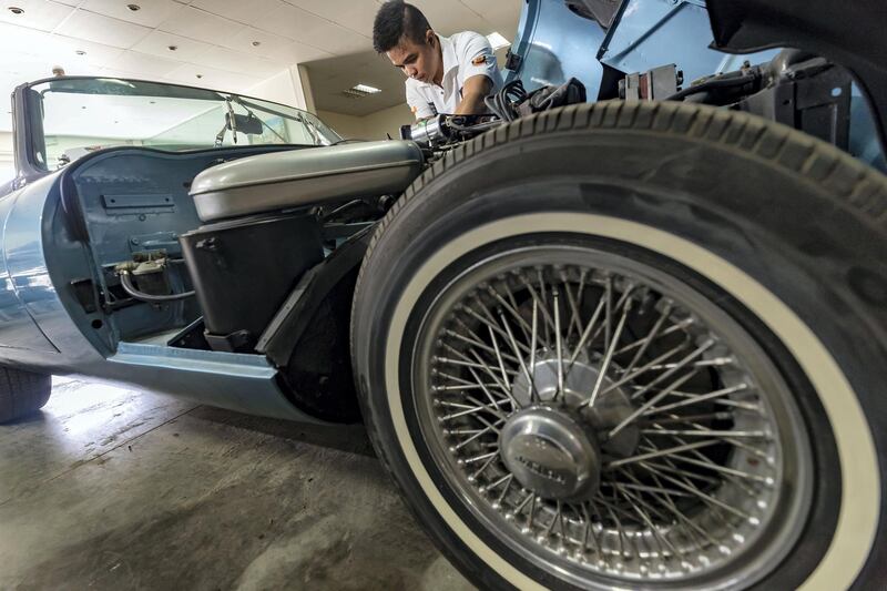 Dubai, United Arab Emirates - June 11th, 2018: Photo project. James Daladar fixes and restores a 1969 Jaguar EXE (E type) roadster at Jeepers Auto Mechanical / Classic Cars Dubai. Monday, June 9th, 2018 Al Quoz, Dubai. Chris Whiteoak / The National