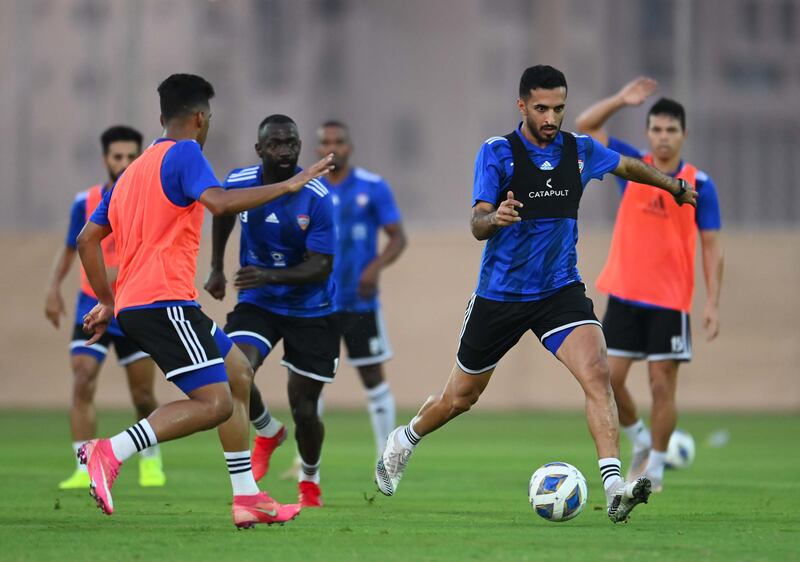 Ali Mabkhout on the ball during a training session with the UAE team ahead of the 2022 World Cup qualifying match against Syria in Jordan. All photos courtesy UAE FA