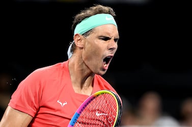 BRISBANE, AUSTRALIA - JANUARY 02: Rafael Nadal of Spain celebrates after winning a point in his match against Dominic Thiem of Austria during day two of the  2024 Brisbane International at Queensland Tennis Centre on January 02, 2024 in Brisbane, Australia.  (Photo by Bradley Kanaris / Getty Images)