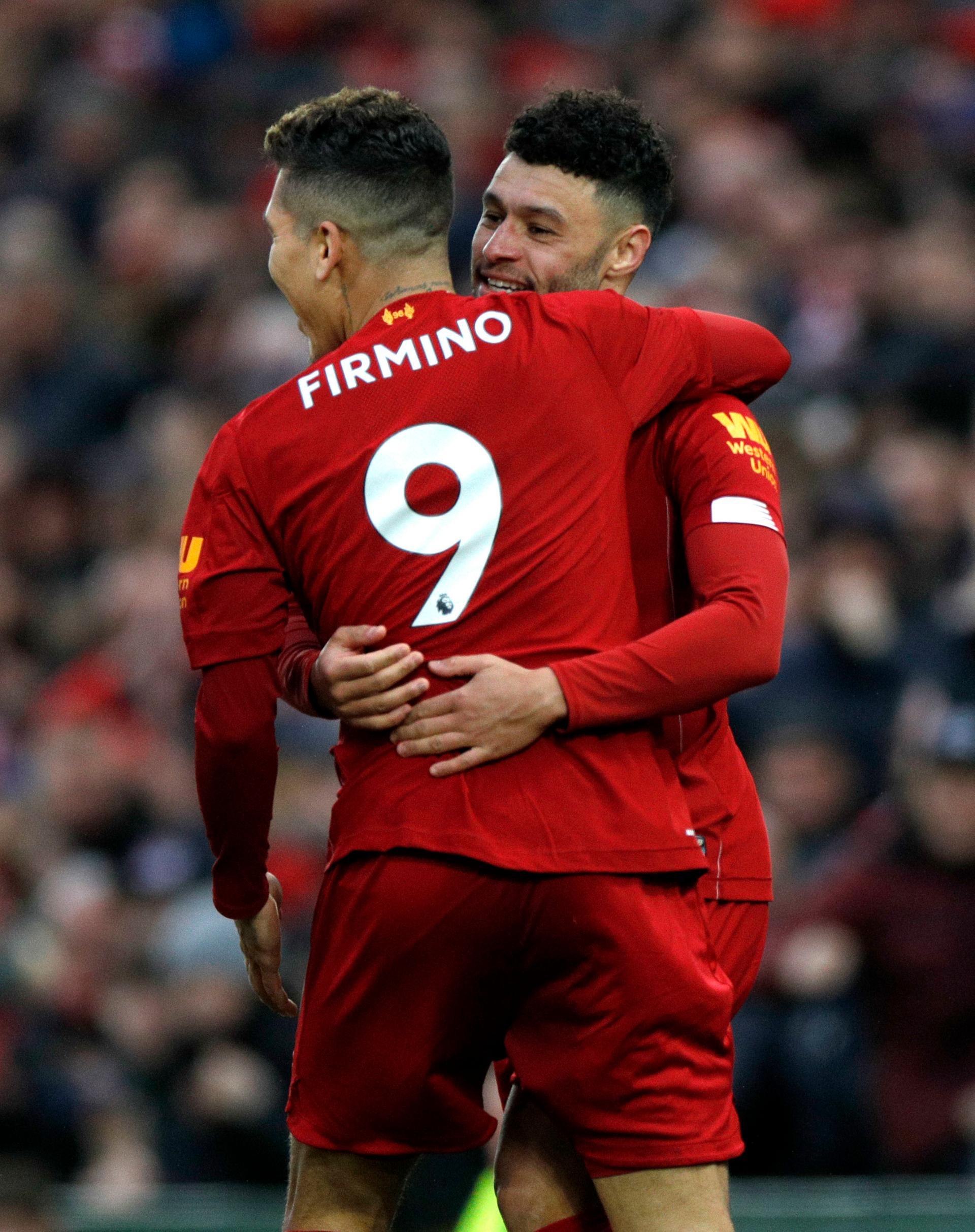 Liverpool's Alex Oxlade-Chamberlain celebrates scoring at Anfield. PA