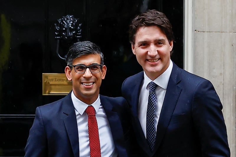 British Prime Minister Rishi Sunak meets with Canadian Prime Minister Justin Trudeau at 10 Downing Street in London on Saturday. Reuters