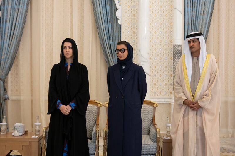 From left, Reem Al Hashimi, Minister of State for International Co-operation; Noura Al Kaabi, Minister of State; and Ali Al Shamsi, Secretary General of the Supreme Council for National Security, attend the ceremony 