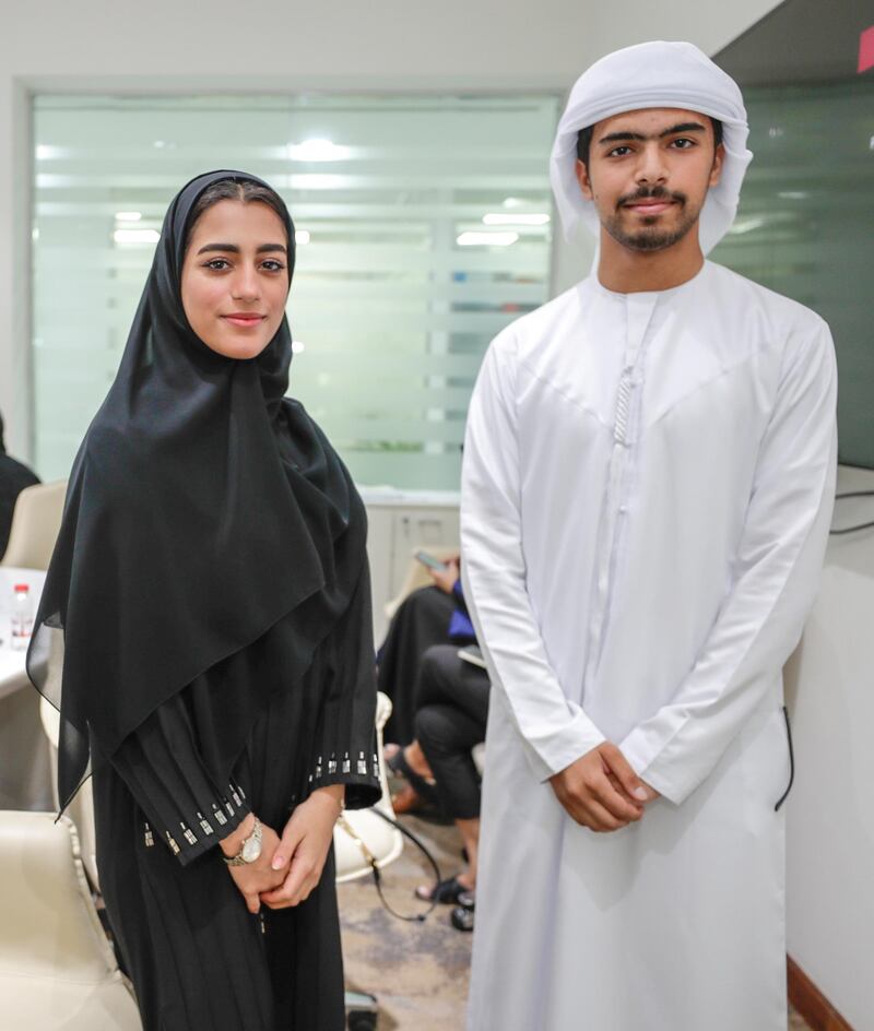 Abu Dhabi, United Arab Emirates, July 7, 2019.  Ambassadors 2019 Summer Trip organised by the Ministry of Education. They send students to universities across the globe. Dr. Amna will give a short introduction about Ambassadors Initiative and its objectives and will introduce the 8 programs who are going to travel in the summer to different destinations.  --  (L-R)  Meera Khalifa Al Blooshi, 17 and Abdalla Ali Alhefeiti, 18.
Victor Besa/The National
Section:  NA
Reporter:  Anam Rizvi