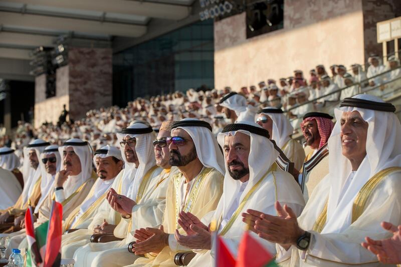 ABU DHABI, UNITED ARAB EMIRATES - December 02, 2014: (R-L) HH Sheikh Saud bin Saqr Al Qasimi UAE Supreme Council Member and Ruler of Ras al-Khaimah,  HH Dr Sheikh Sultan bin Mohammed Al Qasimi UAE Supreme Council Member and Ruler of Sharjah, HH Sheikh Mohammed bin Rashid Al Maktoum Vice-President Prime Minister of the UAE and Ruler of Dubai, His Majesty King Mohammed VI of Morocco, HH General Sheikh Mohamed bin Zayed Al Nahyan Crown Prince of Abu Dhabi and Deputy Supreme Commander of the UAE Armed Forces, HH Sheikh Humaid bin Rashid Al Nuaimi UAE Supreme Council Member and Ruler of Ajman, HH Sheikh Saud bin Rashid Al Mu'alla UAE Supreme Council Member and Ruler of Umm Al Quwain and HH Sheikh Hamad bin Mohammed Al Sharqi UAE Supreme Council Member and Ruler of Fujairah attend the UAE's 43rd National Day celebrations at Abu Dhabi National Exhibition Centre (ADNEC).
( Mohamed Al Hammadi / Crown Prince Court - Abu Dhabi )
--- *** Local Caption ***  20141202MH_C082094.jpg