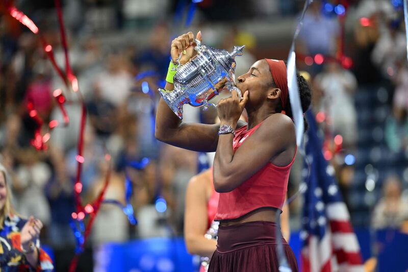 Coco Gauff kisses the US Open trophy after defeating Aryna Sabalenka in the final. AFP