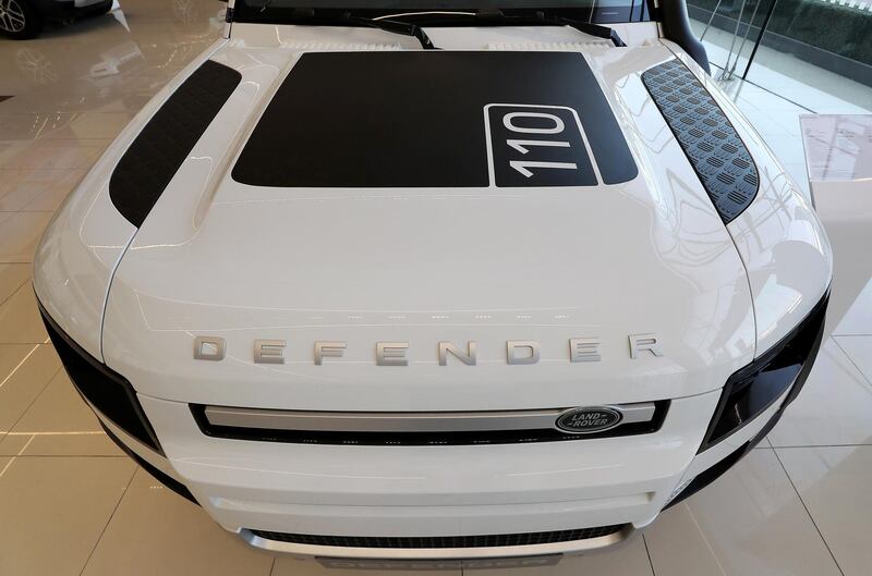 DUBAI, UNITED ARAB EMIRATES , June 27 – 2020 :- Design on the bonnet of the Land Rover Defender SE model at the Land Rover Defenders showroom on Sheikh Zayed Road in Dubai. (Pawan Singh / The National) For Motoring. Story by Simon