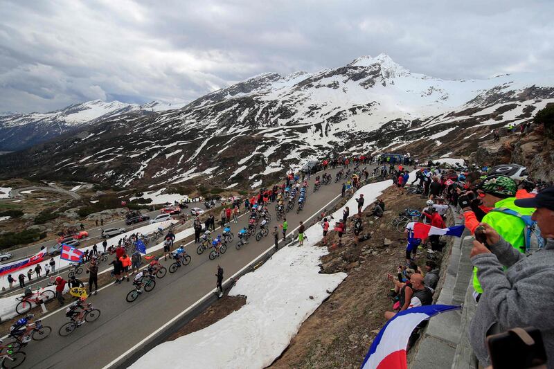 The peloton on the San Bernardino pass in Switzerland, during Stage 20 of the Giro d'Italia on Saturday, May 29. AFP