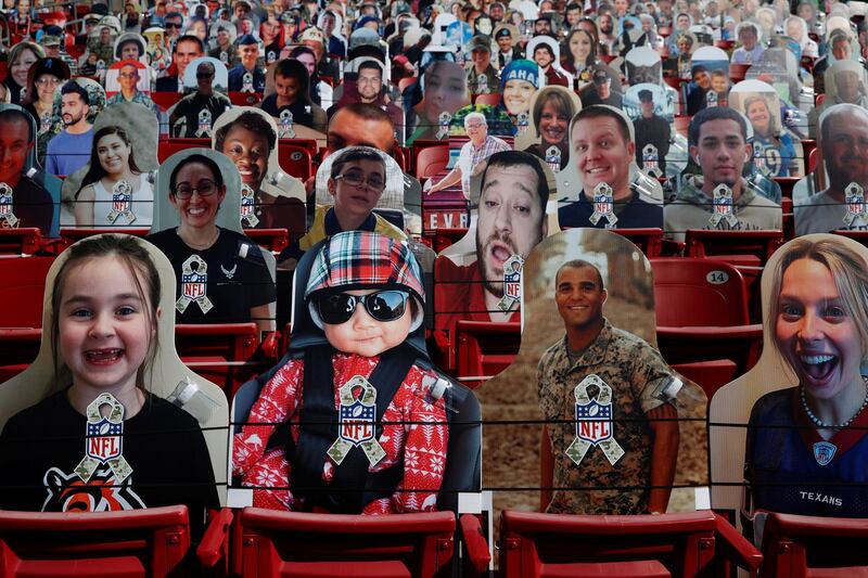 Cut-out photographs of fans fill some of the seats to maintain social distancing due to the coronavirus disease at Raymond James Stadium for Super Bowl LV between the Kansas City Chiefs and the Tampa Bay Buccaneers in Tampa, Florida. Reuters