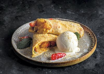 A dessert of slow-roasted pineapple, wrapped in a crepe, available at Vox Gold. Courtesy Vox Cinemas