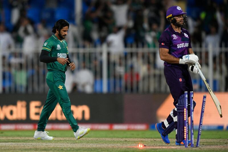 Pakistan's Hasan Ali celebrates after taking the wicket of Scotland's captain Kyle Coetzer during their T20 World Cup match in Sharjah on Sunday, November 7, 2021. AFP