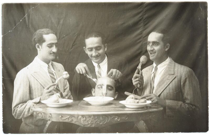 A creative print taken in 1905 in Palestine by an unknown photographer showing a Mr Skaff in four different positions around a dinner table, gelatin silver developing-out paper print. Yacoub Katimi Collection, courtesy of the Arab Image Foundation