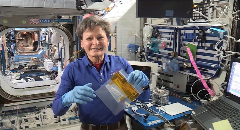 Veteran astronaut Peggy Whitson on board the International Space Station. Whitson worked on the experiment of Genes in Space winner Alia Al Mansoori before returning to Earth earlier this month. Whitson, who has spent more time in space than any other woman, also sent a message of support to Alia.