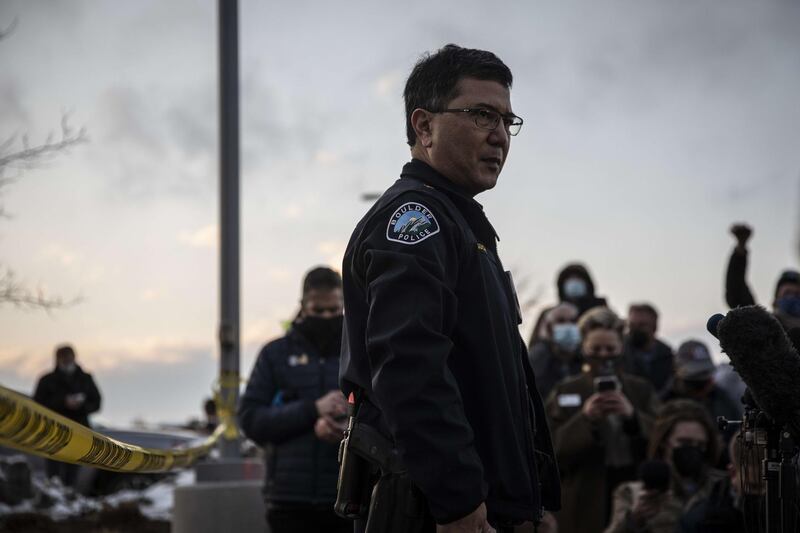 Boulder Police Department Commander Kerry Yamaguchi addresses the media after a gunman opened fire at a King Sooper's grocery store in Boulder, Colorado. AFP