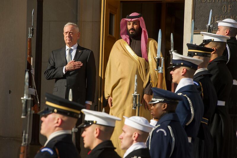 Defense Secretary Jim Mattis welcomes Saudi Crown Prince Mohammed bin Salman to the Pentagon with an Honor Cordon, in Washington, Thursday, March 22, 2018. (AP Photo/Cliff Owen)