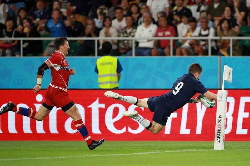 George Horne of Scotland scores his team's seventh try during the Rugby World Cup 2019 Group A game between Scotland and Russia at Shizuoka Stadium Ecopa in Fukuroi, Shizuoka, Japan. Getty Images