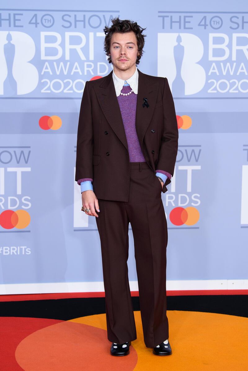 Harry Styles arrives at the Brit Awards 2020 at The O2 Arena on Tuesday, February 18, 2020 in London, England. Getty Images