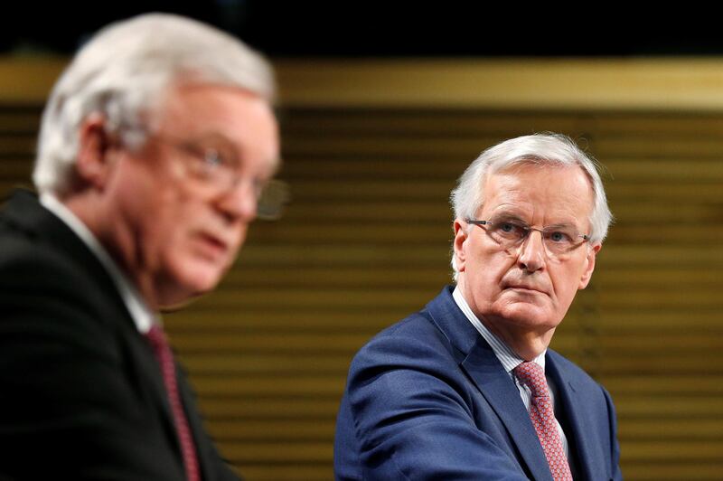 Britain's Secretary of State for Exiting the European Union David Davis and European Union's chief Brexit negotiator Michel Barnier address a joint news conference in Brussels, Belgium March 19, 2018. REUTERS/Francois Lenoir