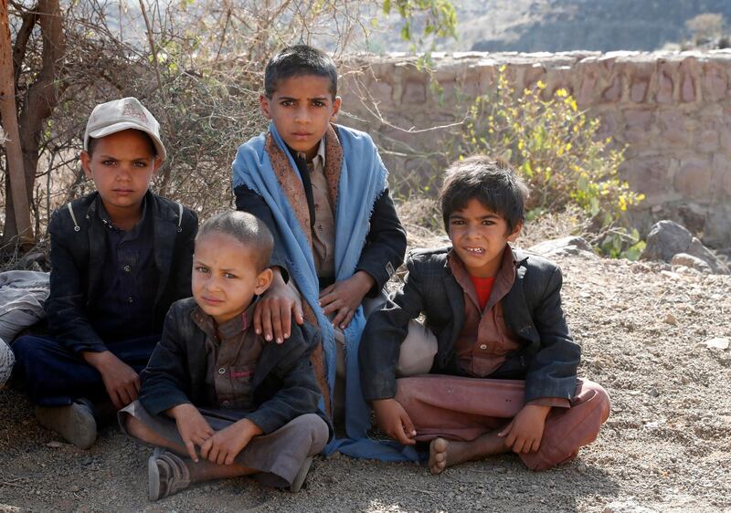 epa09014825 Yemeni children gather at a village in Sanaâ€™a, Yemen, 13 February 2021 (Issued in 15 February 2021). According to UN aid agenciesâ€™ recent report, a total of 2.3 million youngsters, nearly half of all children in Yemen, are projected to suffer from acute malnutrition in 2021, representing a 22 percent increase compared to 2020. Yemen has been mired in war since the Houthis ousted the Saudi-backed government from power in late 2014, exacerbating what the UN calls the world's worst humanitarian crisis.  EPA/YAHYA ARHAB