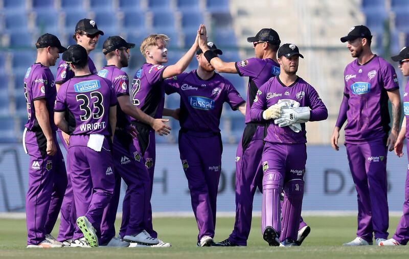 ABU DHABI , UNITED ARAB EMIRATES, October 05, 2018 :- Nathan Ellis ( without cap ) of Hobart Hurricanes celebrating after taking the wicket of Bilal Irshad during the Abu Dhabi T20 cricket match between Lahore Qalanders vs Hobart Hurricanes held at Zayed Cricket Stadium in Abu Dhabi. ( Pawan Singh / The National )  For Sports. Story by Amith