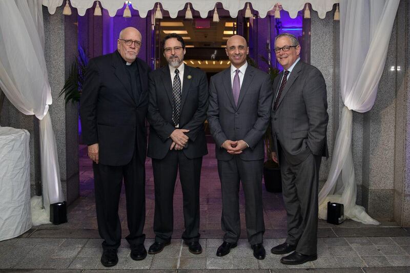 From left: Father Raymond Kemp, Imam Hamza Yusuf, Yousef Al Otaiba, UAE ambassador to the US, and Rabbi Jack Moline attended the interfaith event in a specially constructed Ramadan tent. Joyce Karam