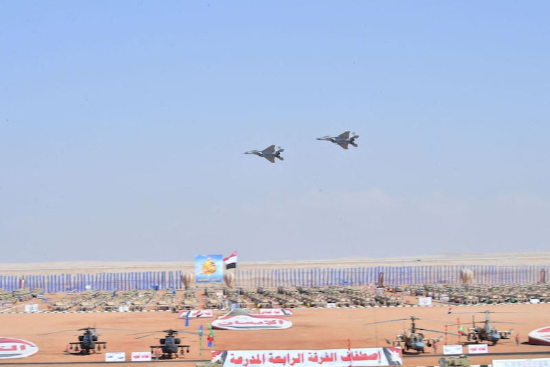 Egyptian military planes fly overhead in Suez