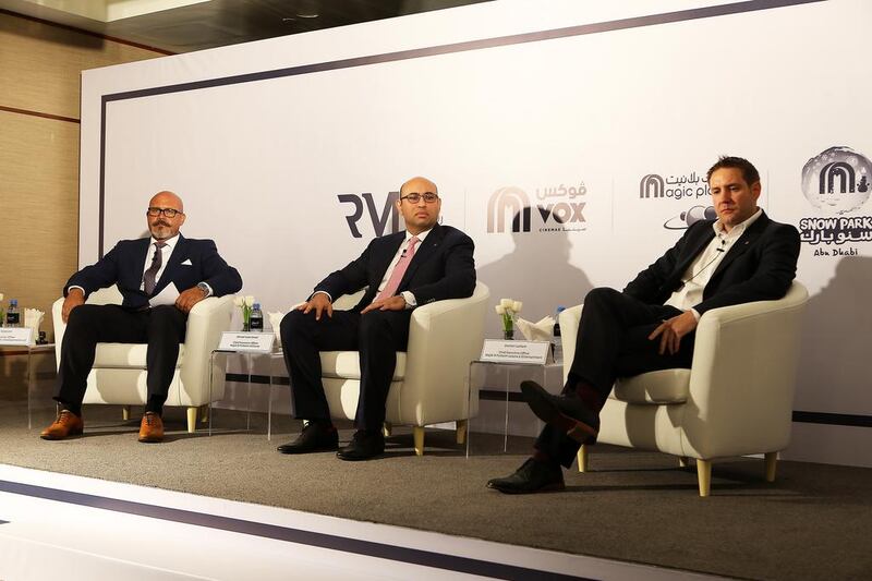 From left: Shane Eldstrom, the chief executive of Al Farwaniya Property Developments; Ahmed Galal Ismail, the chief executive of Majid Al Futtaim Ventures; and Damien Latham, the chief executive for Majid Al Futtaim Leisure and Entertainment. Pawan Singh / The National