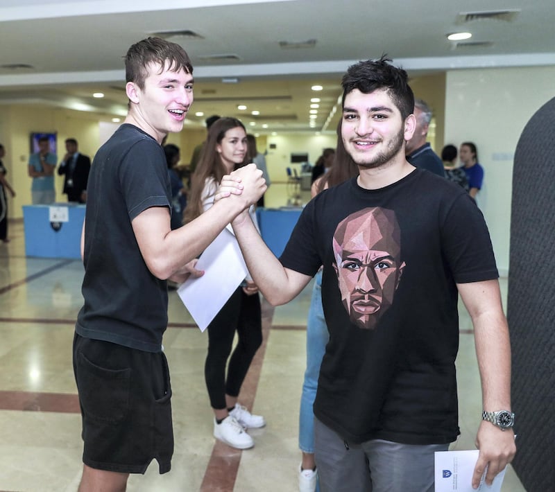 Dubai, U.A.E., August 23 , 2018.  GCSE results coverage at the GEMS Wellington International School.  Best friends for life, (L-R) Liam Shannon 16 and Sebastian Khamas-15.
Victor Besa/The National
Section:  NA
Reporter:  Nick Webster
