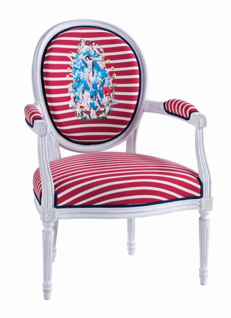 Jean Paul Gaultier for Roche Bobois. The haute couture designer Jean Paul Gaultier’s collaboration with Roche Bobois consists of chairs, sofas and throw pillows, where contemporary designs meet boldly coloured fabrics. One of his standout collections is a compilation of charming Louis XIV-style chairs, made from solid beechwood and traditional French naval Breton-stripe fabrics., The backrests of several pieces feature scenes from what look like Renaissance paintings — adorable cherubs and all — a definite conversation starter. Courtesy Roche Bobois