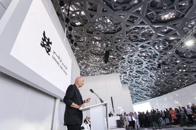 Abu Dhabi, United Arab Emirates, November 6, 2017:    Architect Jean Nouvel speaks to journalists during the open media day ahead of the official opening on Saadiyat Island in Abu Dhabi on November 6, 2017. The Louvre Abu Dhabi will open November 11th. Christopher Pike / The National

Reporter: Mina Aldroubi
Section: News
