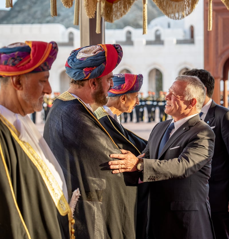 Jordan's King Abdullah II greets dignitaries upon his arrival in Oman. Photo: Oman News Agency