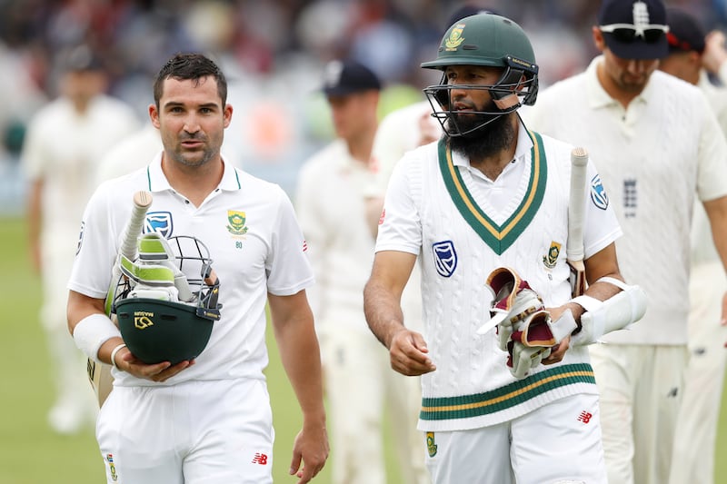 Cricket - England vs South Africa - Second Test - Nottingham, Britain - July 15, 2017   South Africa's Dean Elgar and Hashim Amla at the end of play   Action Images via Reuters/Carl Recine